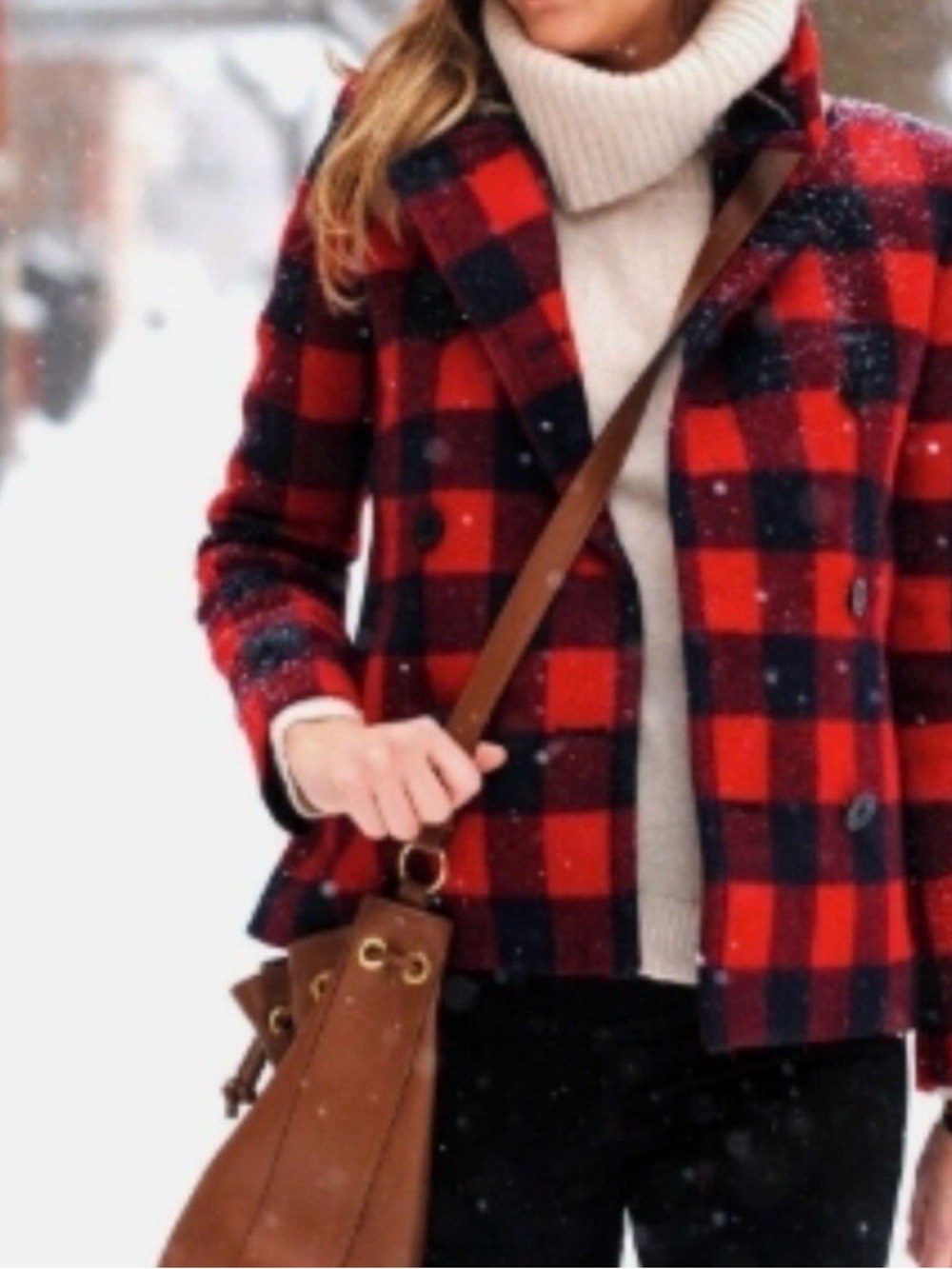J. Crew Red and Navy Buffalo Check Plaid Pea Coat Size 4